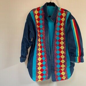 VTG Handmade Patchwork Pockets Lined Jean Jacket Retro Boho Festival Size XXL